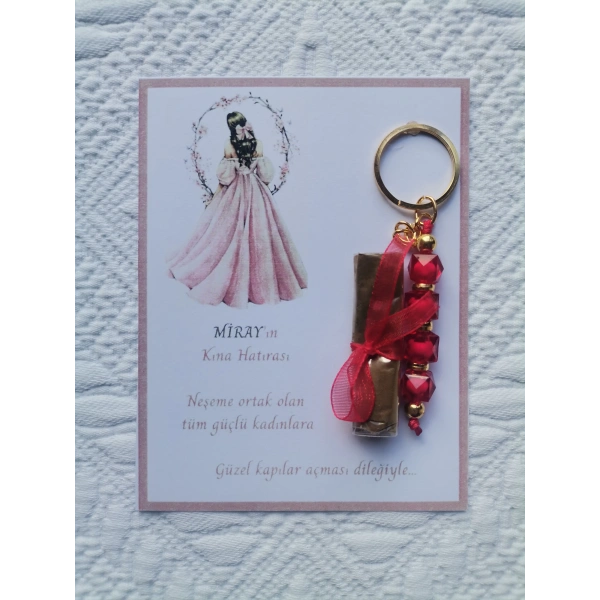 64 Adet Kişiye Özel Kına Hatırası Dağıtmalık Hediyelik Kırmızı Anahtarlık ve Paketlenmiş Kına