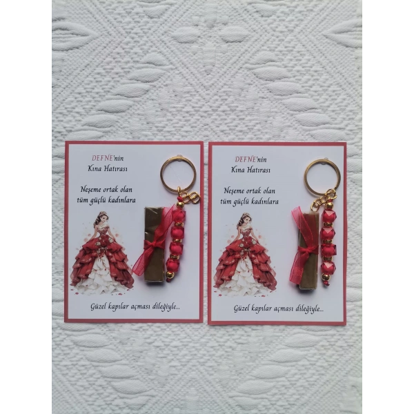 64 Adet Kişiye Özel Kına Hatırası Dağıtmalık Hediyelik Kırmızı Anahtarlık ve Paketlenmiş Kına
