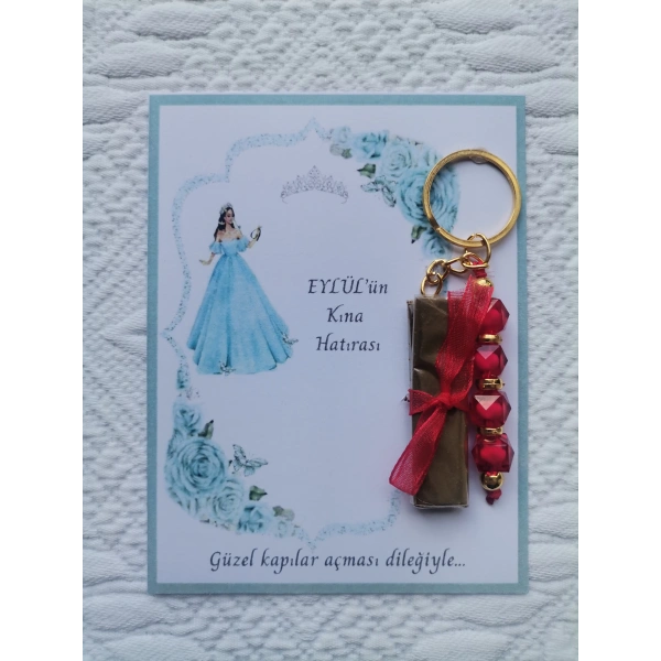 100 Adet Kişiye Özel Kına Hatırası Dağıtmalık Hediyelik Kırmızı Anahtarlık ve Paketlenmiş Kına