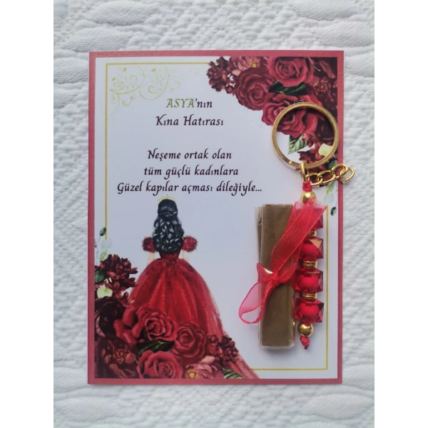 100 Adet Kişiye Özel Kına Hatırası Dağıtmalık Hediyelik Kırmızı Anahtarlık ve Paketlenmiş Kına