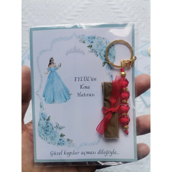 100 Adet Kişiye Özel Kına Hatırası Dağıtmalık Hediyelik Kırmızı Anahtarlık ve Paketlenmiş Kına