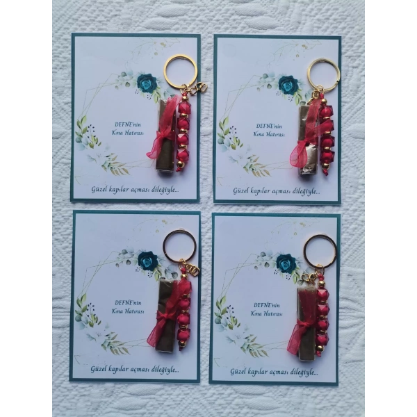 64 Adet Kişiye Özel Kına Hatırası Dağıtmalık Hediyelik Kırmızı Anahtarlık ve Paketlenmiş Kına