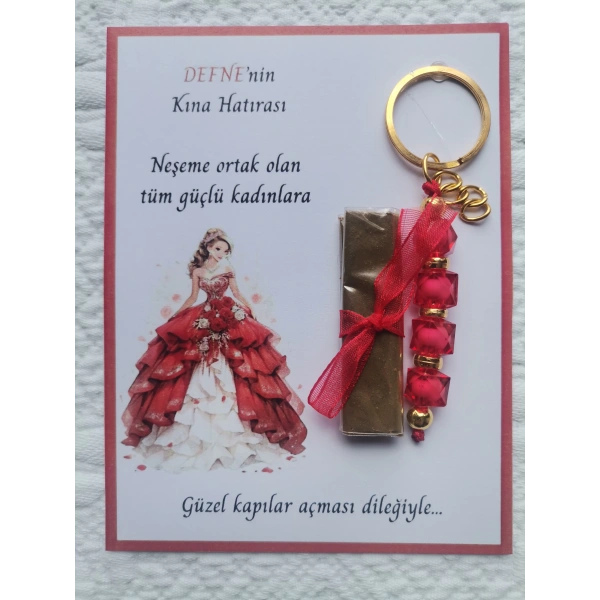 64 Adet Kişiye Özel Kına Hatırası Dağıtmalık Hediyelik Kırmızı Anahtarlık ve Paketlenmiş Kına