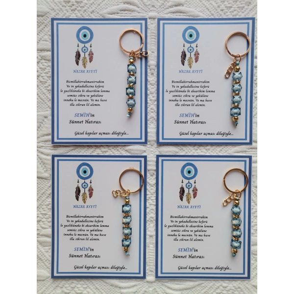 100 Adet Kişiye Özel Nazar Ayeti Sünnet Hatırası Dağıtmalık Hediyelik Mavi Renk Anahtarlık