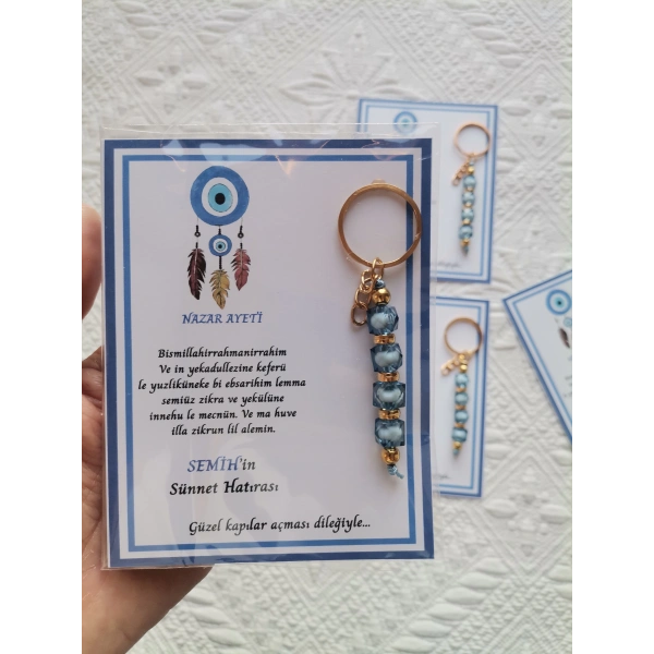 100 Adet Kişiye Özel Nazar Ayeti Sünnet Hatırası Dağıtmalık Hediyelik Mavi Renk Anahtarlık