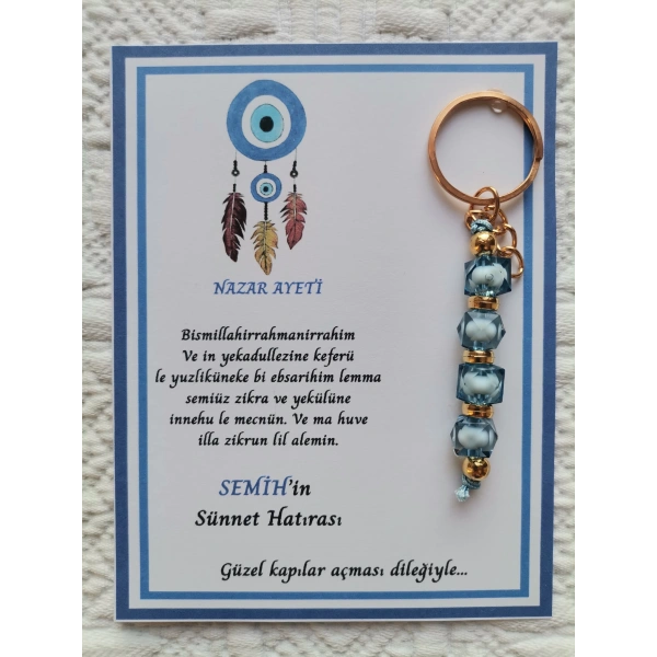 100 Adet Kişiye Özel Nazar Ayeti Sünnet Hatırası Dağıtmalık Hediyelik Mavi Renk Anahtarlık