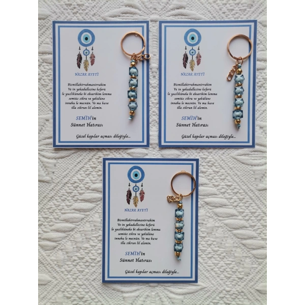 100 Adet Kişiye Özel Nazar Ayeti Sünnet Hatırası Dağıtmalık Hediyelik Mavi Renk Anahtarlık