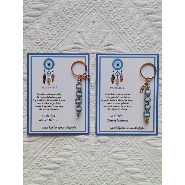 100 Adet Kişiye Özel Nazar Ayeti Sünnet Hatırası Dağıtmalık Hediyelik Mavi Renk Anahtarlık