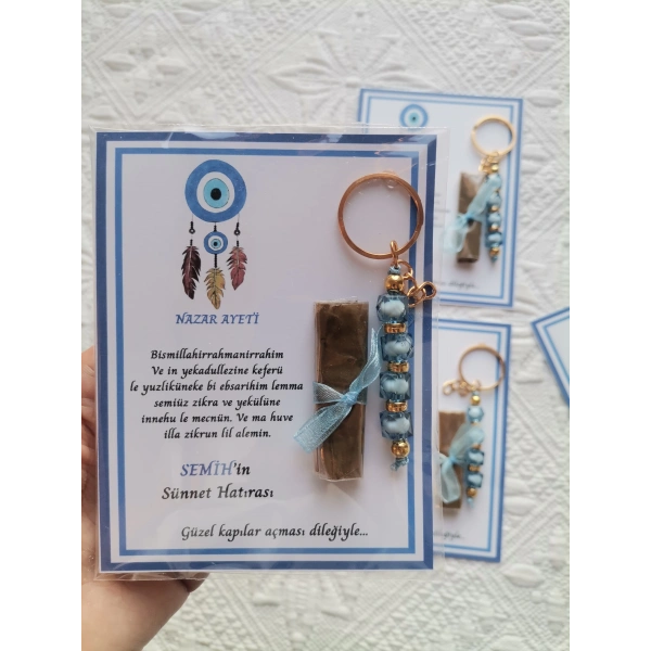 100 Adet Kişiye Özel Nazar Ayeti Sünnet Hatırası Dağıtmalık Hediyelik Mavi Renk Anahtarlık ve Kına