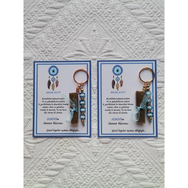 100 Adet Kişiye Özel Nazar Ayeti Sünnet Hatırası Dağıtmalık Hediyelik Mavi Renk Anahtarlık ve Kına
