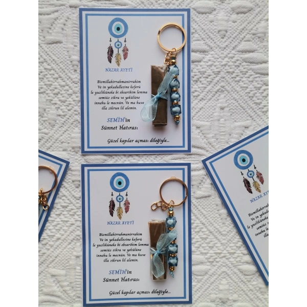 100 Adet Kişiye Özel Nazar Ayeti Sünnet Hatırası Dağıtmalık Hediyelik Mavi Renk Anahtarlık ve Kına