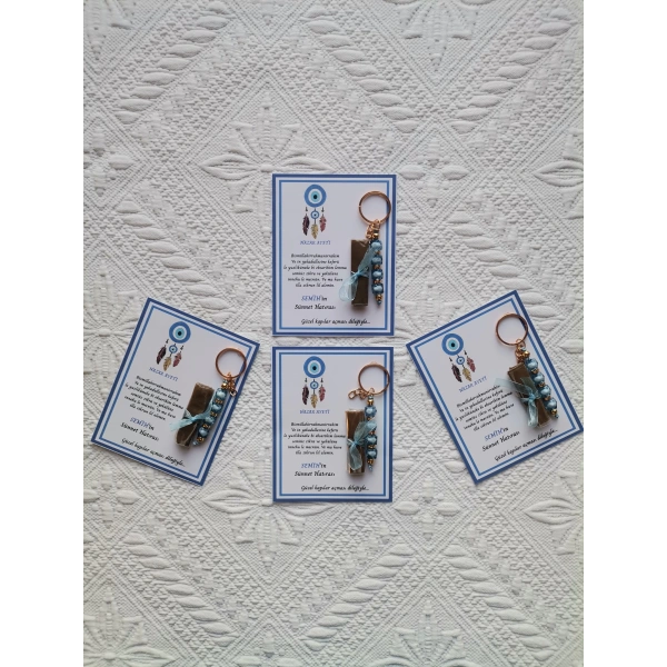 100 Adet Kişiye Özel Nazar Ayeti Sünnet Hatırası Dağıtmalık Hediyelik Mavi Renk Anahtarlık ve Kına