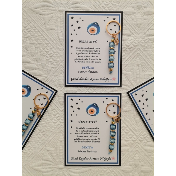 64 Adet Kişiye Özel Nazar Ayeti Sünnet Hatırası Dağıtmalık Hediyelik Mavi Renk Anahtarlık