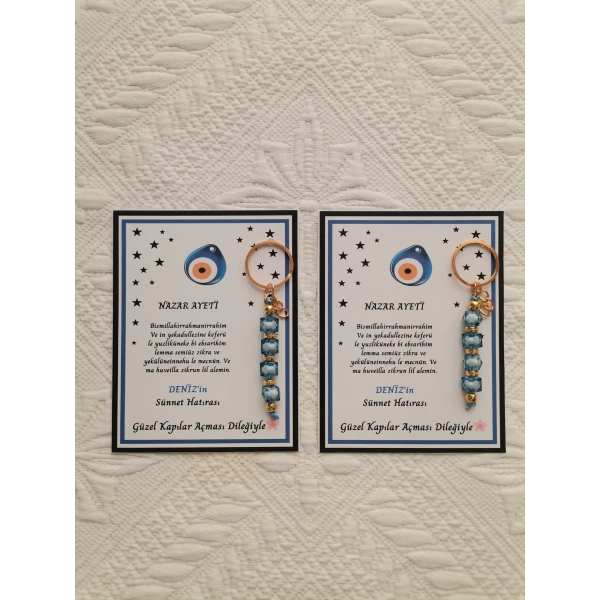 64 Adet Kişiye Özel Nazar Ayeti Sünnet Hatırası Dağıtmalık Hediyelik Mavi Renk Anahtarlık