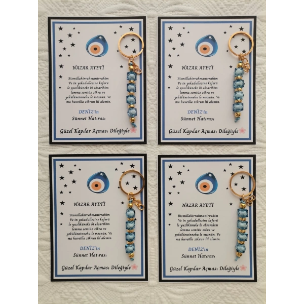 64 Adet Kişiye Özel Nazar Ayeti Sünnet Hatırası Dağıtmalık Hediyelik Mavi Renk Anahtarlık