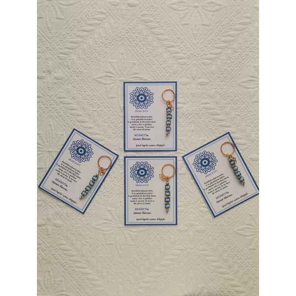 100 Adet Kişiye Özel Nazar Ayeti Sünnet Hatırası Dağıtmalık Hediyelik Mavi Renk Anahtarlık