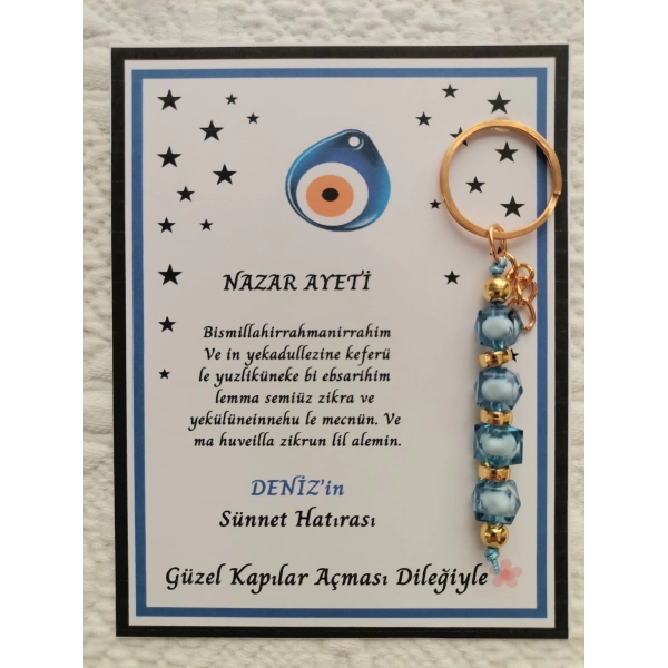 64 Adet Kişiye Özel Nazar Ayeti Sünnet Hatırası Dağıtmalık Hediyelik Mavi Renk Anahtarlık