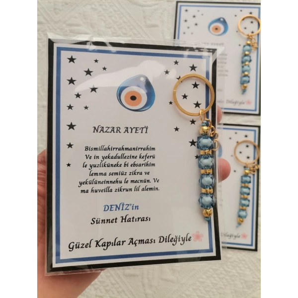 64 Adet Kişiye Özel Nazar Ayeti Sünnet Hatırası Dağıtmalık Hediyelik Mavi Renk Anahtarlık