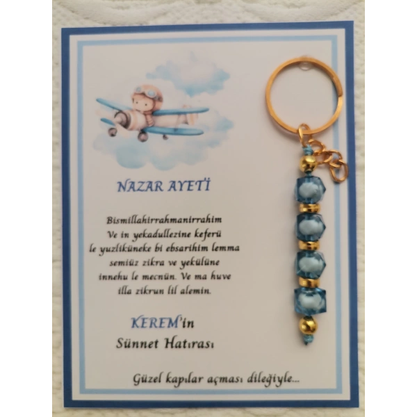 32 Adet Kişiye Özel Nazar Ayeti Sünnet Hatırası Dağıtmalık Hediyelik Mavi Renk Anahtarlık