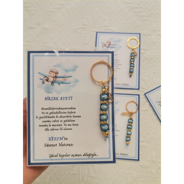 32 Adet Kişiye Özel Nazar Ayeti Sünnet Hatırası Dağıtmalık Hediyelik Mavi Renk Anahtarlık