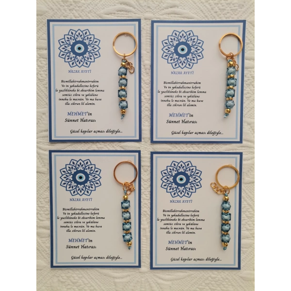 100 Adet Kişiye Özel Nazar Ayeti Sünnet Hatırası Dağıtmalık Hediyelik Mavi Renk Anahtarlık