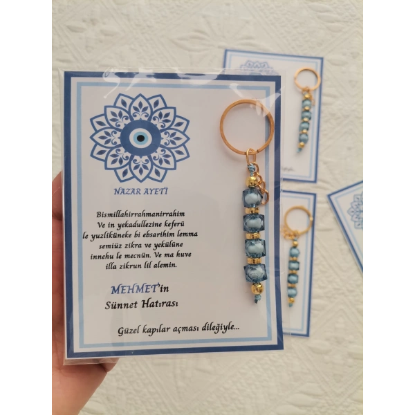 100 Adet Kişiye Özel Nazar Ayeti Sünnet Hatırası Dağıtmalık Hediyelik Mavi Renk Anahtarlık