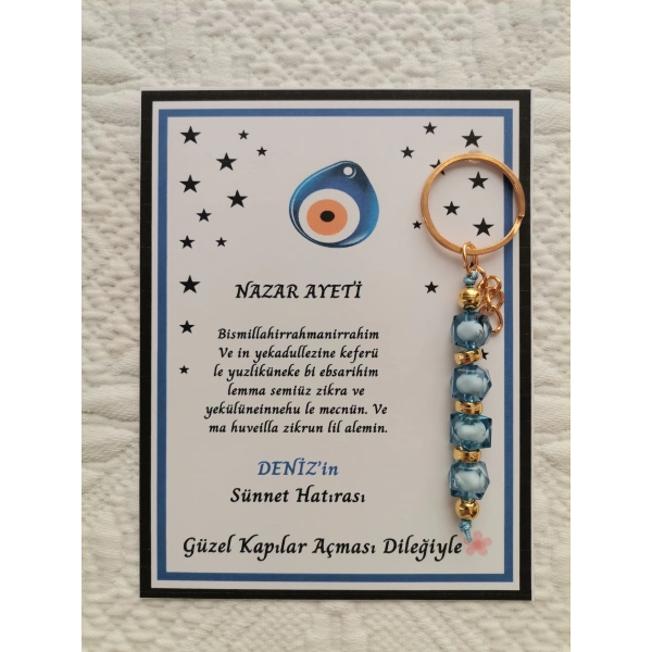 64 Adet Kişiye Özel Nazar Ayeti Sünnet Hatırası Dağıtmalık Hediyelik Mavi Renk Anahtarlık