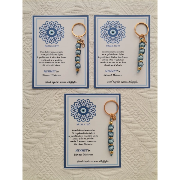 100 Adet Kişiye Özel Nazar Ayeti Sünnet Hatırası Dağıtmalık Hediyelik Mavi Renk Anahtarlık
