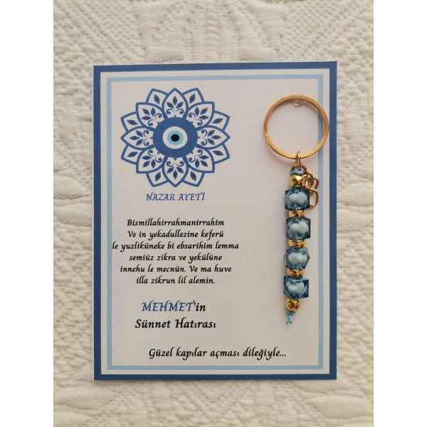 100 Adet Kişiye Özel Nazar Ayeti Sünnet Hatırası Dağıtmalık Hediyelik Mavi Renk Anahtarlık