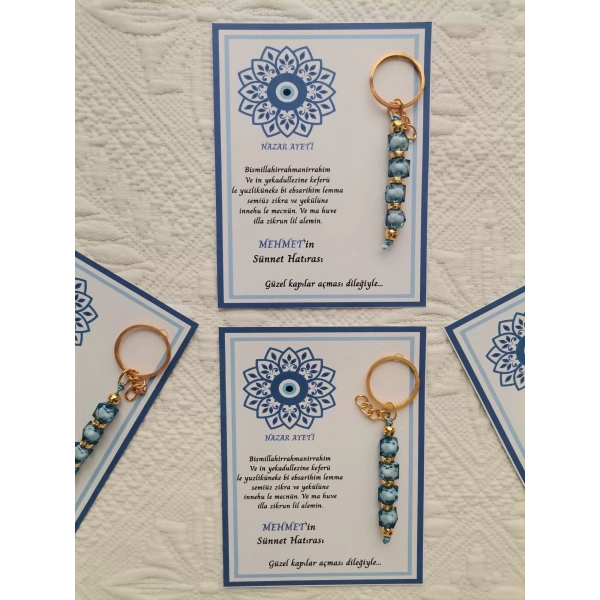 100 Adet Kişiye Özel Nazar Ayeti Sünnet Hatırası Dağıtmalık Hediyelik Mavi Renk Anahtarlık