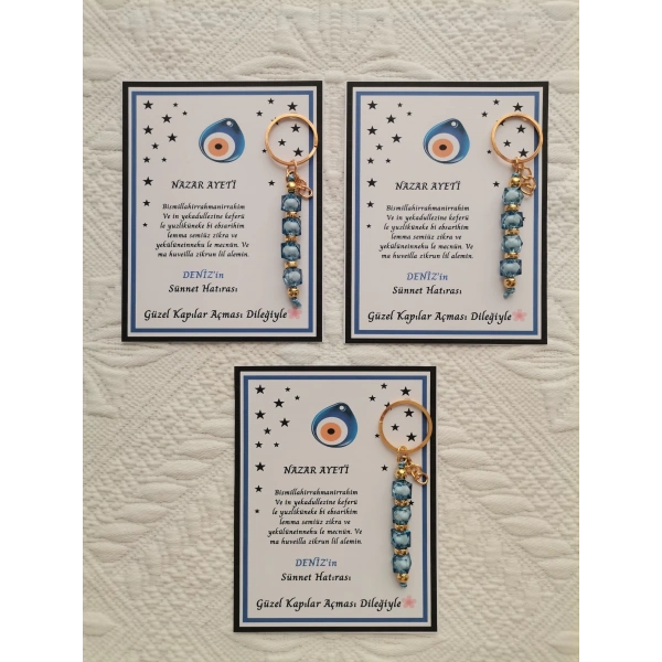64 Adet Kişiye Özel Nazar Ayeti Sünnet Hatırası Dağıtmalık Hediyelik Mavi Renk Anahtarlık