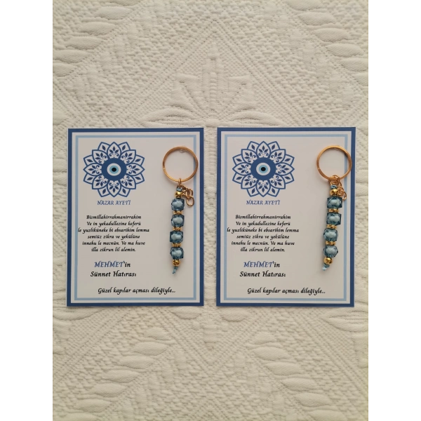 100 Adet Kişiye Özel Nazar Ayeti Sünnet Hatırası Dağıtmalık Hediyelik Mavi Renk Anahtarlık