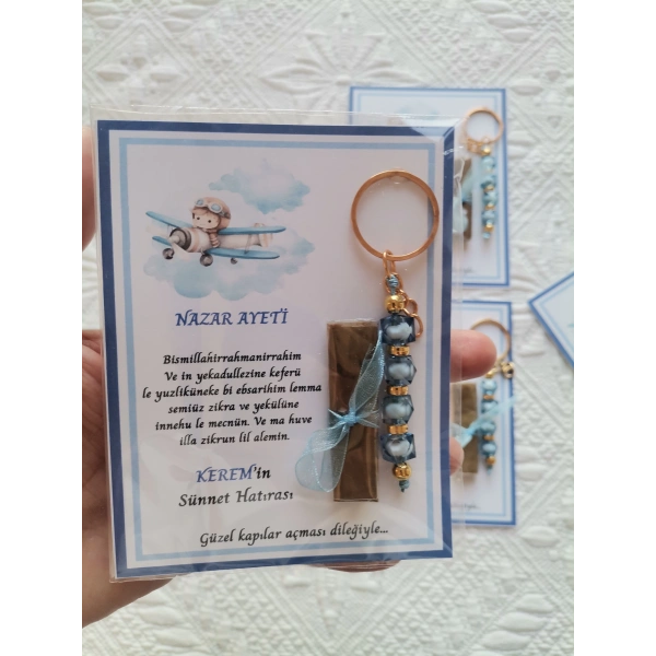 64 Adet Kişiye Özel Nazar Ayeti Sünnet Hatırası Dağıtmalık Hediyelik Mavi Renk Anahtarlık ve Kına