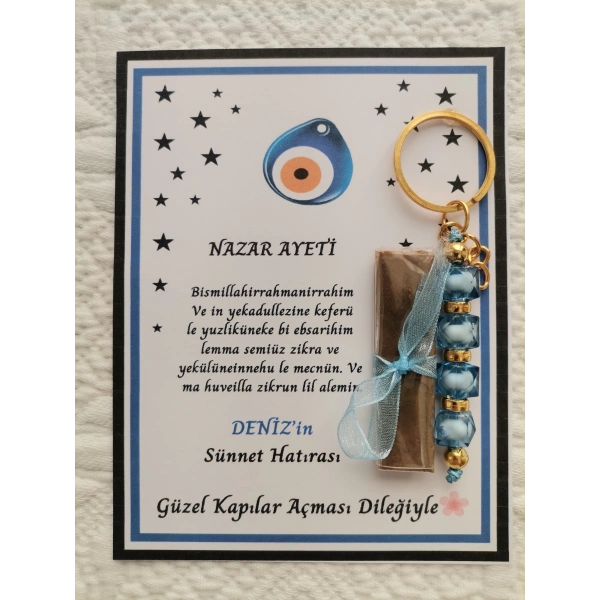 32 Adet Kişiye Özel Nazar Ayeti Sünnet Hatırası Dağıtmalık Hediyelik Mavi Renk Anahtarlık ve Kına