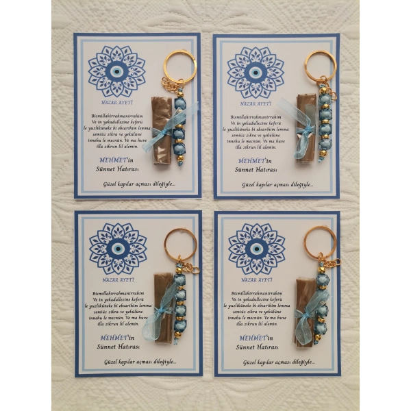 64 Adet Kişiye Özel Nazar Ayeti Sünnet Hatırası Dağıtmalık Hediyelik Mavi Renk Anahtarlık ve Kına