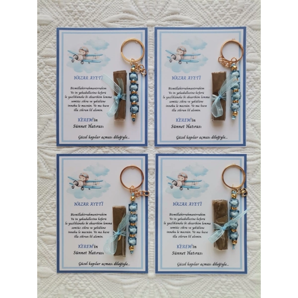64 Adet Kişiye Özel Nazar Ayeti Sünnet Hatırası Dağıtmalık Hediyelik Mavi Renk Anahtarlık ve Kına
