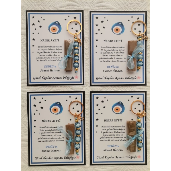 32 Adet Kişiye Özel Nazar Ayeti Sünnet Hatırası Dağıtmalık Hediyelik Mavi Renk Anahtarlık ve Kına