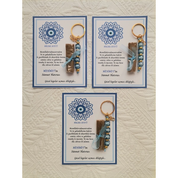 64 Adet Kişiye Özel Nazar Ayeti Sünnet Hatırası Dağıtmalık Hediyelik Mavi Renk Anahtarlık ve Kına