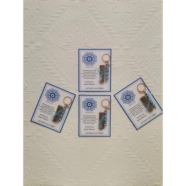 64 Adet Kişiye Özel Nazar Ayeti Sünnet Hatırası Dağıtmalık Hediyelik Mavi Renk Anahtarlık ve Kına