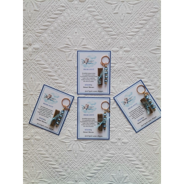 64 Adet Kişiye Özel Nazar Ayeti Sünnet Hatırası Dağıtmalık Hediyelik Mavi Renk Anahtarlık ve Kına