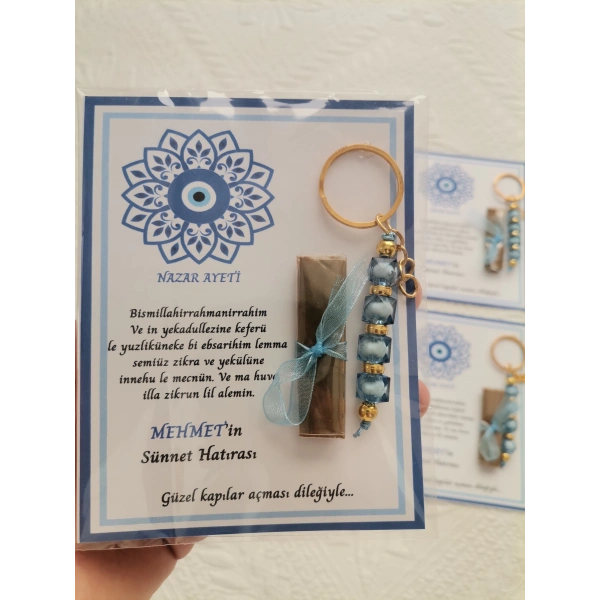 64 Adet Kişiye Özel Nazar Ayeti Sünnet Hatırası Dağıtmalık Hediyelik Mavi Renk Anahtarlık ve Kına