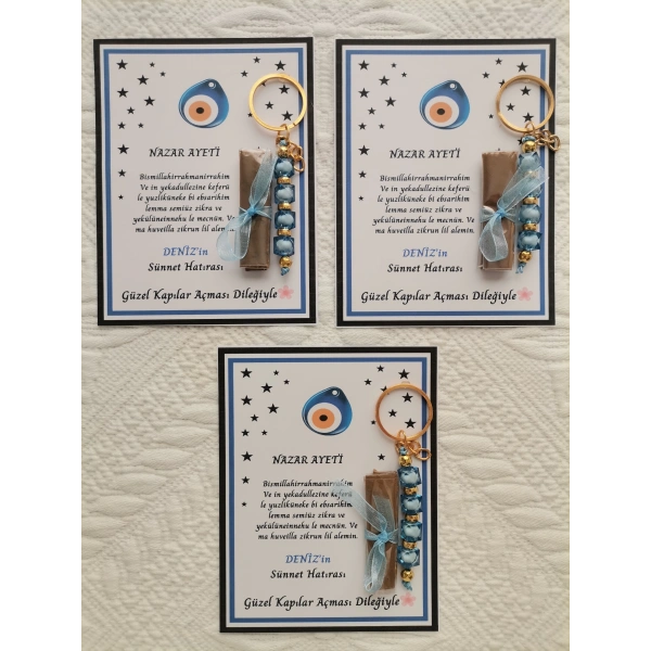 32 Adet Kişiye Özel Nazar Ayeti Sünnet Hatırası Dağıtmalık Hediyelik Mavi Renk Anahtarlık ve Kına