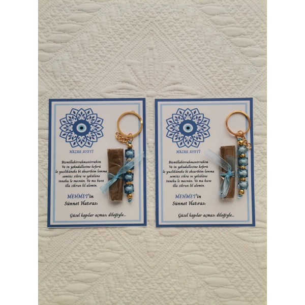 64 Adet Kişiye Özel Nazar Ayeti Sünnet Hatırası Dağıtmalık Hediyelik Mavi Renk Anahtarlık ve Kına