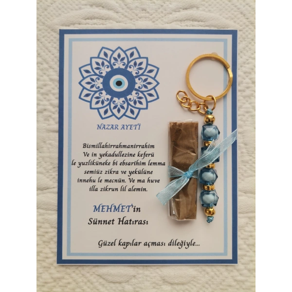 64 Adet Kişiye Özel Nazar Ayeti Sünnet Hatırası Dağıtmalık Hediyelik Mavi Renk Anahtarlık ve Kına