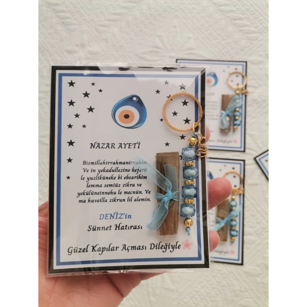 32 Adet Kişiye Özel Nazar Ayeti Sünnet Hatırası Dağıtmalık Hediyelik Mavi Renk Anahtarlık ve Kına