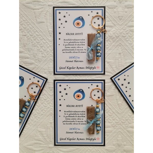 32 Adet Kişiye Özel Nazar Ayeti Sünnet Hatırası Dağıtmalık Hediyelik Mavi Renk Anahtarlık ve Kına