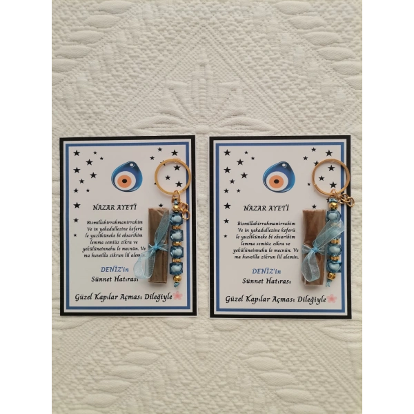 32 Adet Kişiye Özel Nazar Ayeti Sünnet Hatırası Dağıtmalık Hediyelik Mavi Renk Anahtarlık ve Kına