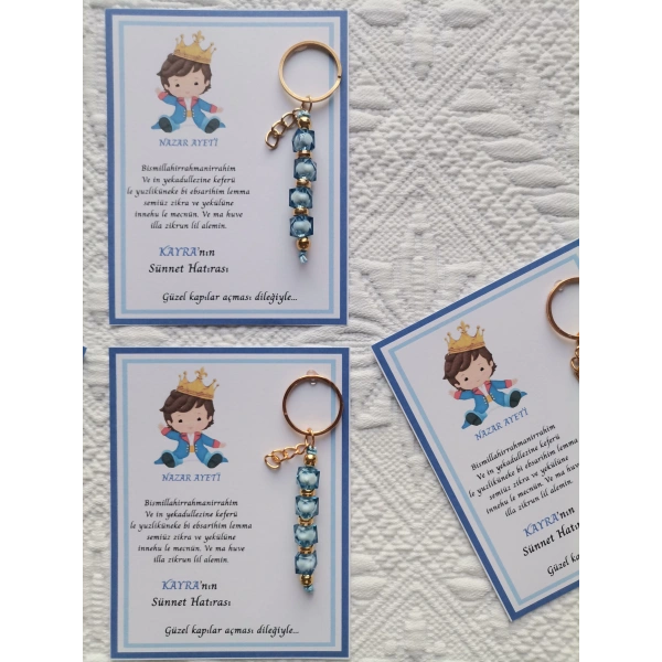 32 Adet Kişiye Özel Nazar Ayeti Sünnet Hatırası Dağıtmalık Mavi Anahtarlık Hediyelik