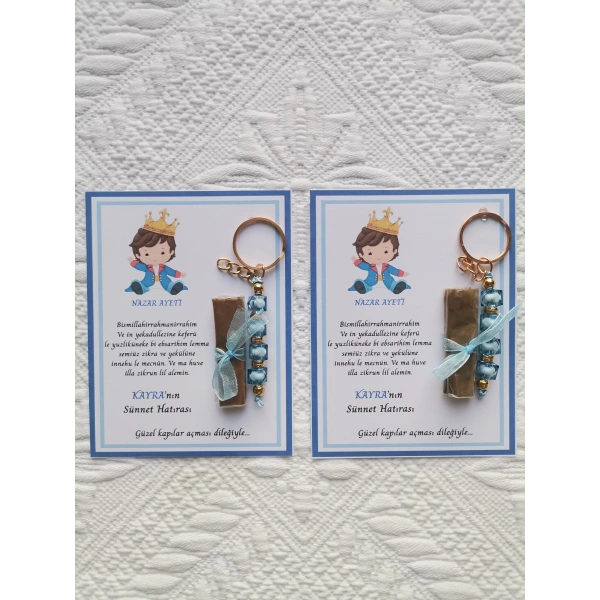 32 Adet Kişiye Özel Nazar Ayeti Sünnet Hatırası Mavi Anahtarlık ve Kına Dağıtmalık Hediyelik