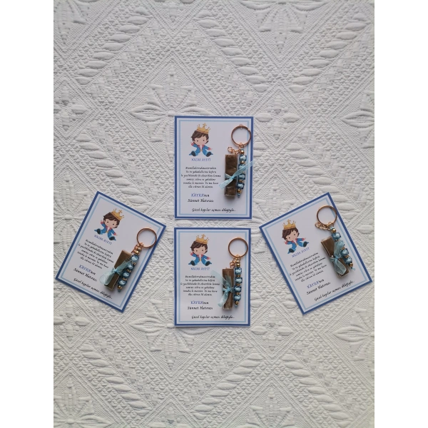 32 Adet Kişiye Özel Nazar Ayeti Sünnet Hatırası Mavi Anahtarlık ve Kına Dağıtmalık Hediyelik